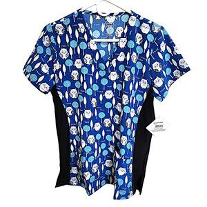 Divine Stretch JDM Scrub Top Stretch Side Panels Blue Black w/ White Owls Sz S